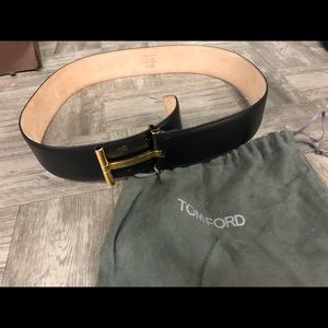 Tom Ford Gold T-Leather Black Belt 95